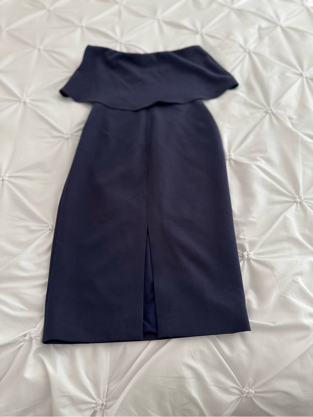 NWT LIKELY  Driggs Sheath Dress Navy Off Shoulder Foldover Midi Cocktail - Picture 11 of 15